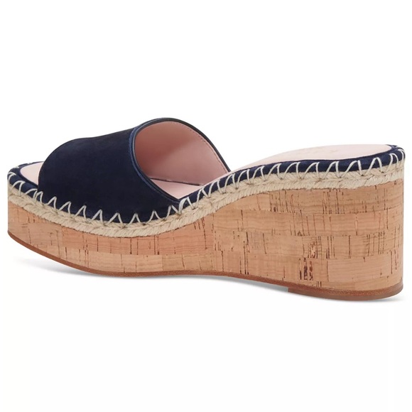 Kate Spade Cosette Platform Cork Slides Navy Blue Suede Mules New York Wedges - Picture 3 of 16